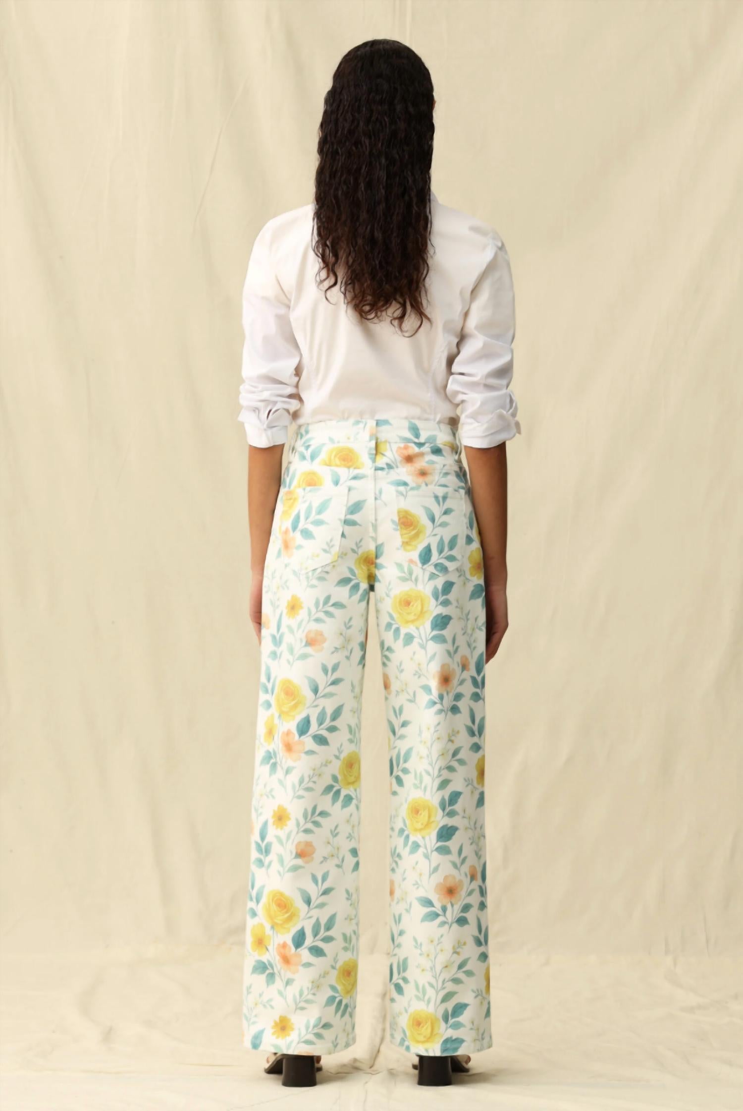 Bayeas Flora High Rise Wide Leg Woven Pants in watercolor bloom - women's pants - detail view