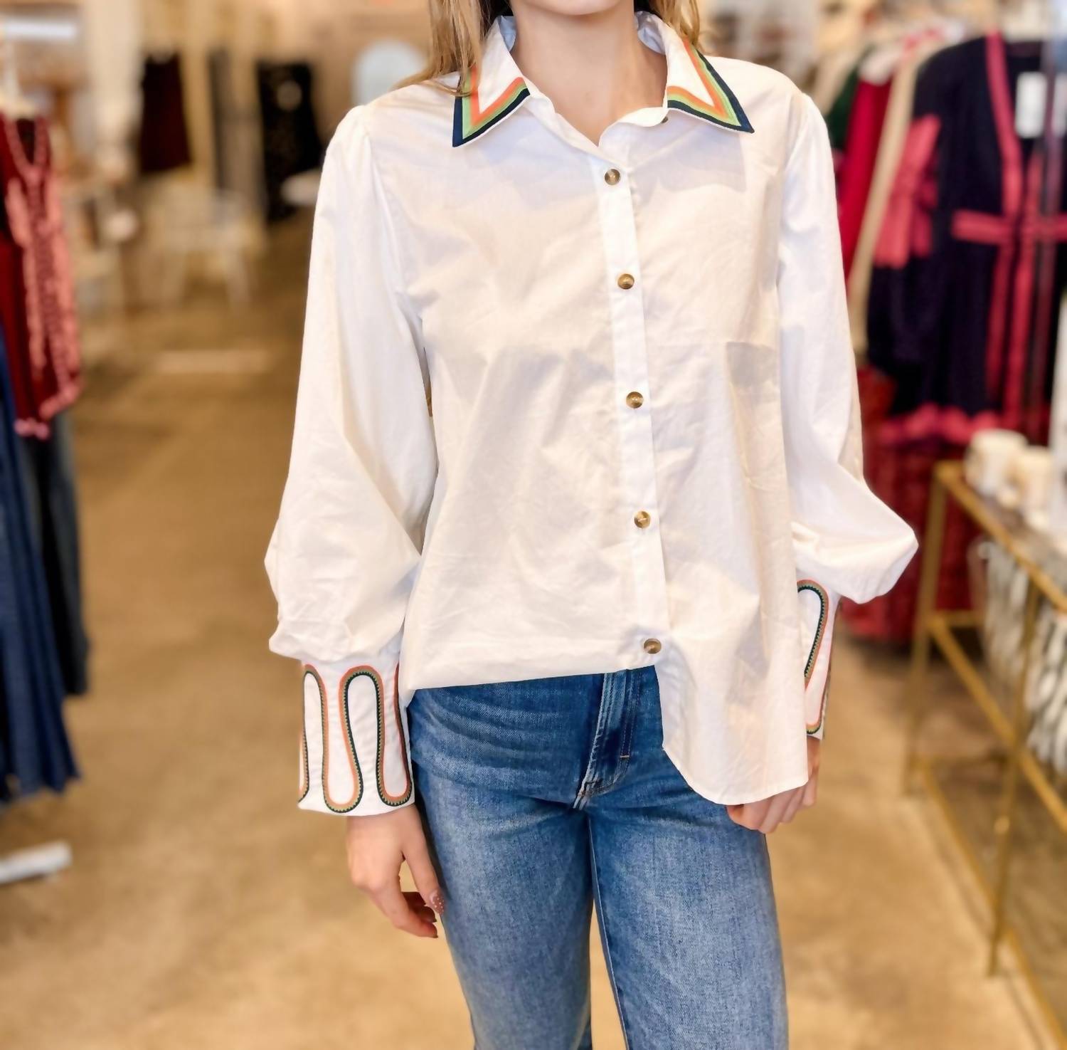 Jodifl - Winslow Embroidery Accent Button Down Blouse