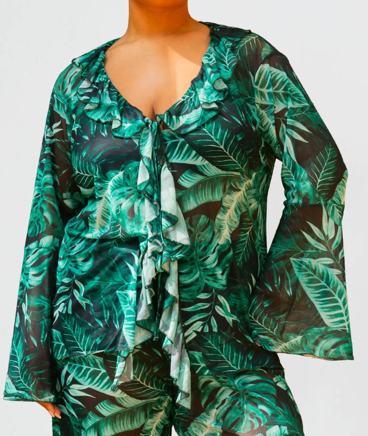 Fashion Szn Curve - Palm Print Ruffle Resort Top