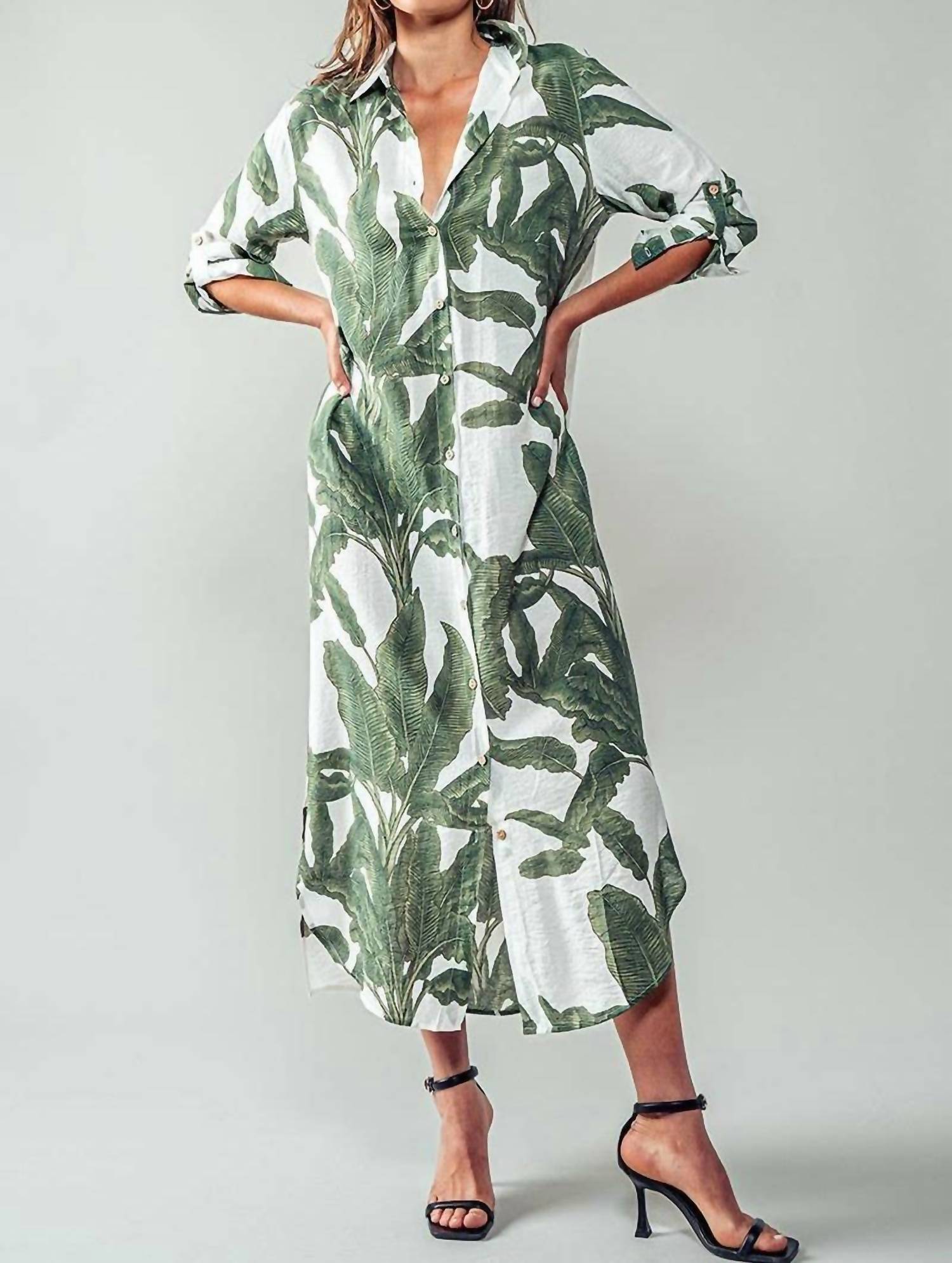 Urban Daizy - Tropical Paradise Button Down Collared Vacation Dress