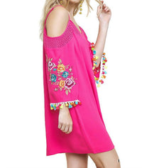 Umgee - Floral Embroided Pom And Tassel Mini Dress