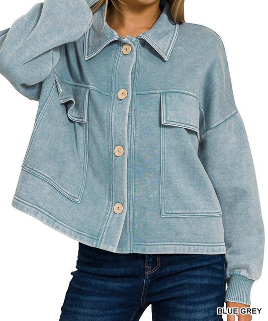 Zenana - Acid Wash Fleece Cropped Shacket With Front Pockets