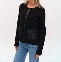 SIX/FIFTY Natalia Faux Leather Cardigan in black - women's cardigan - detail view