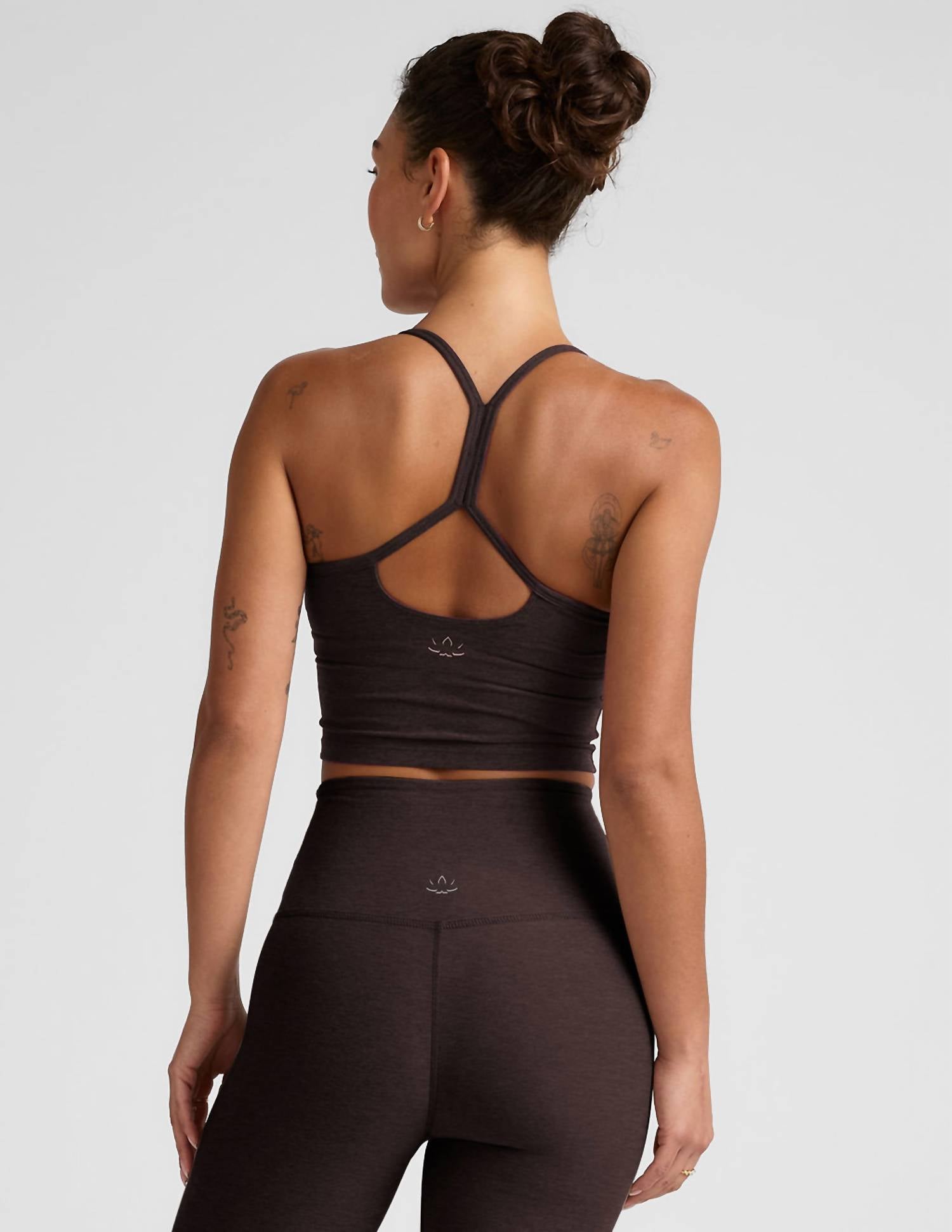 BEYOND YOGA Spacedye Slim Racerback Cropped Tank Top in dark chocolate heather - women's tank top - alternate view