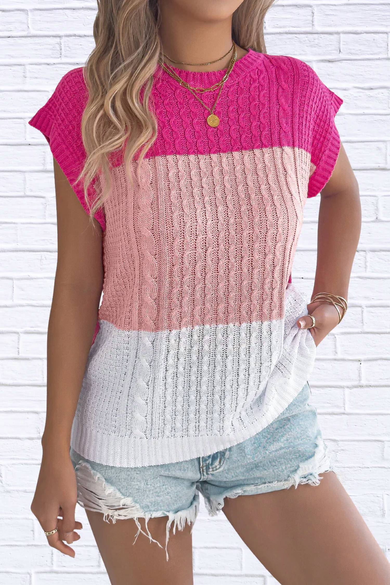 Anna-Kaci - Color Block Knit Short Sleeve Pullover
