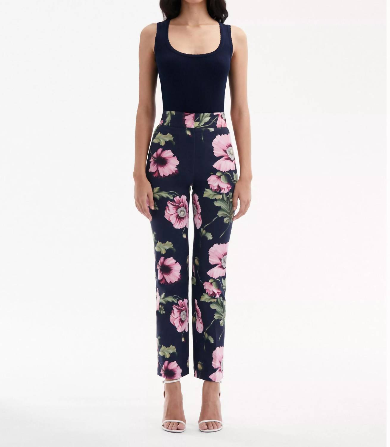 Oscar De La Renta - Zip Front Flare Leg Poppies Cotton Twill Pant