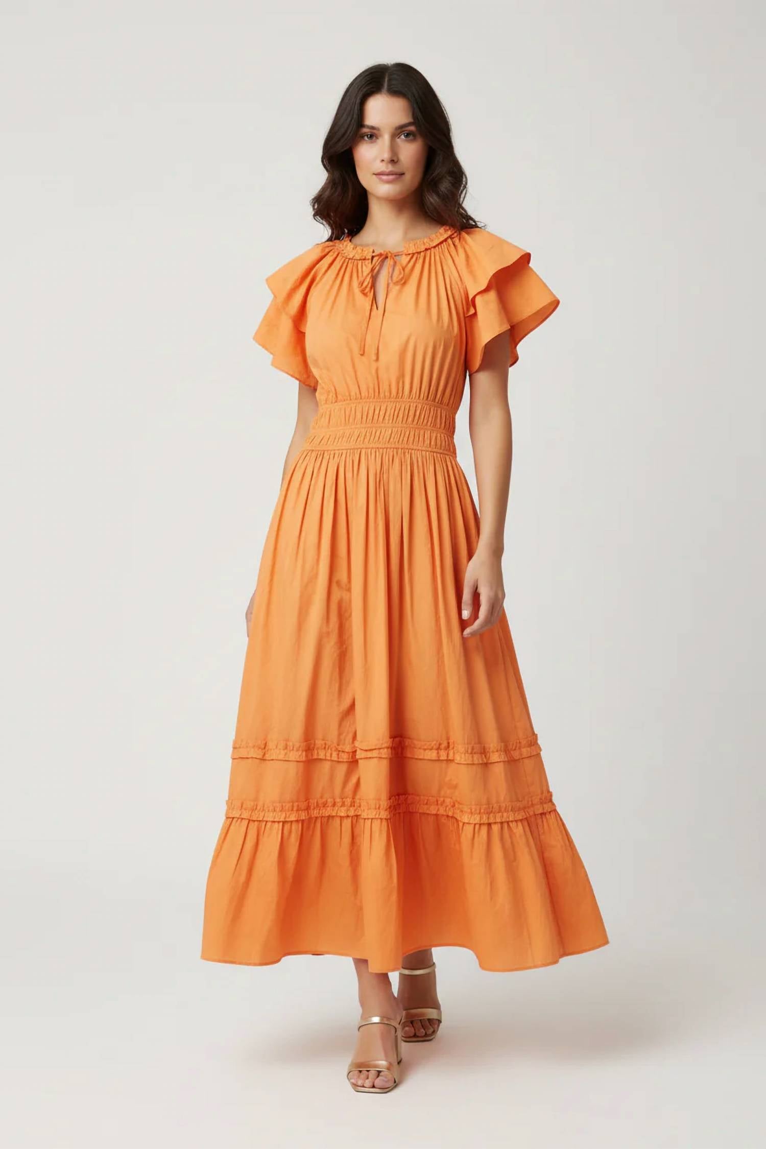 She + Sky - Ruffled Sleeve Waist Elastic Side Pocket Midi Dress