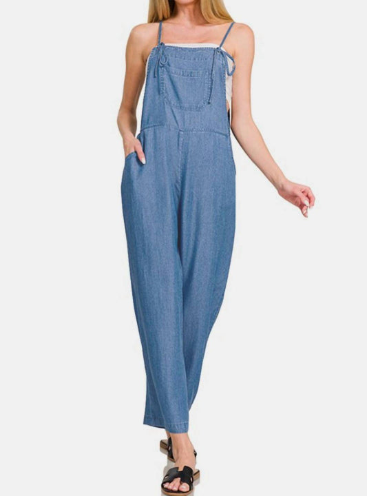 Zenana - Adjustable Strap Denim Looking Jumpsuit