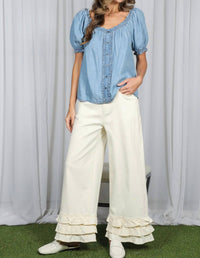 Vine & Love - Puff Short Sleeve Ruffle Details Chambray Top