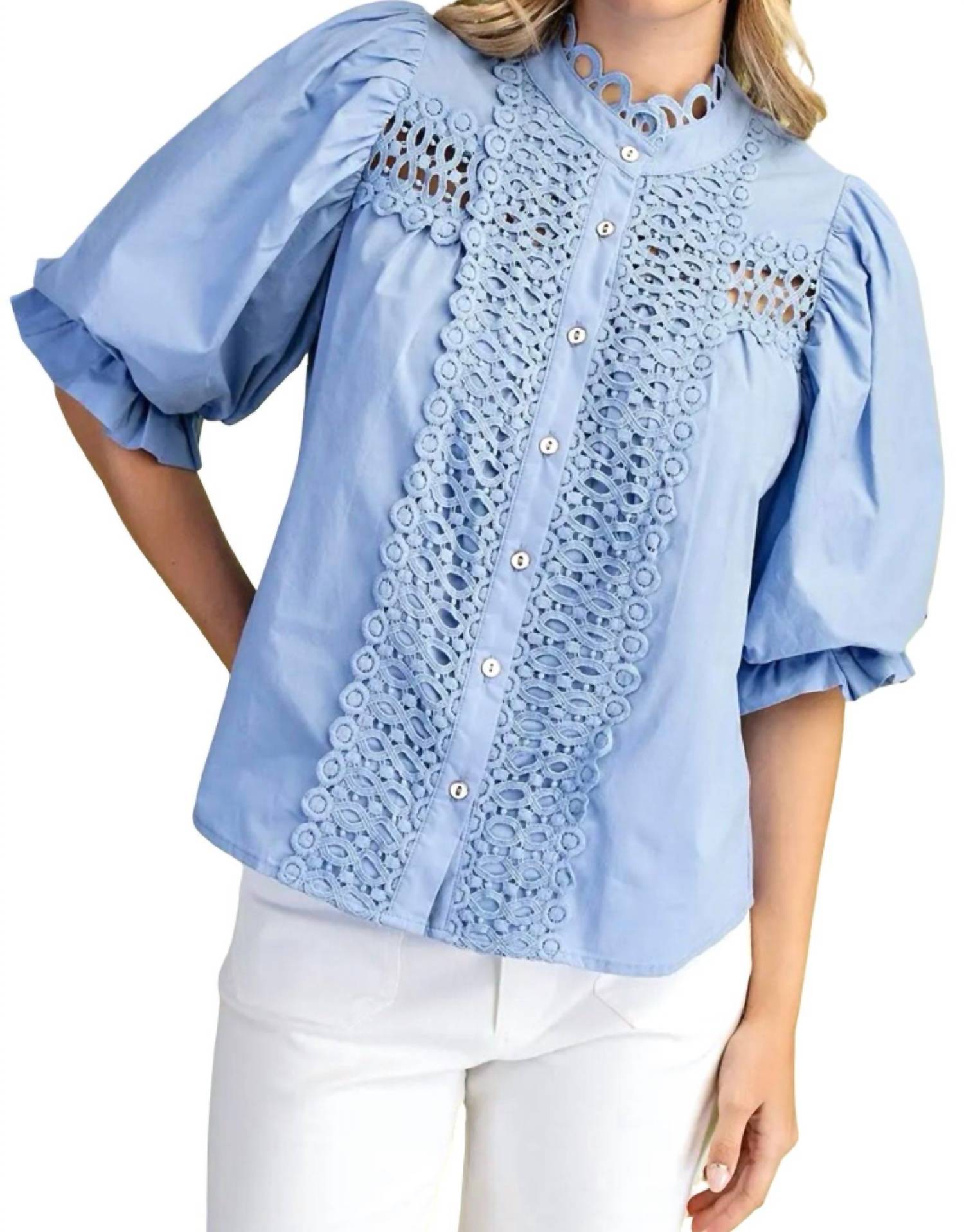 GiGiO Women's Trim Detail Button Down Blouse in blue - women's blouse