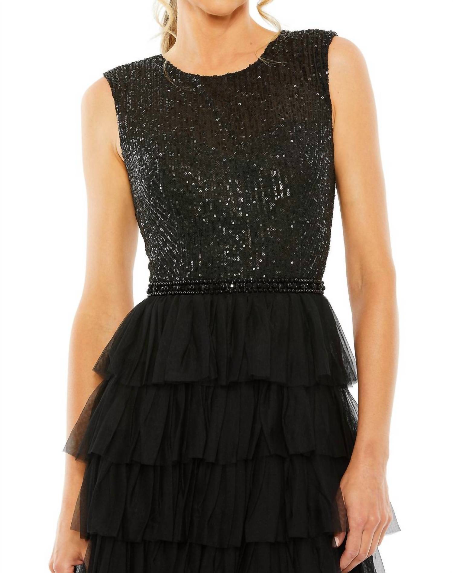 Mac Duggal - Ruffle Tiered Sequin High Neck Gown Dress