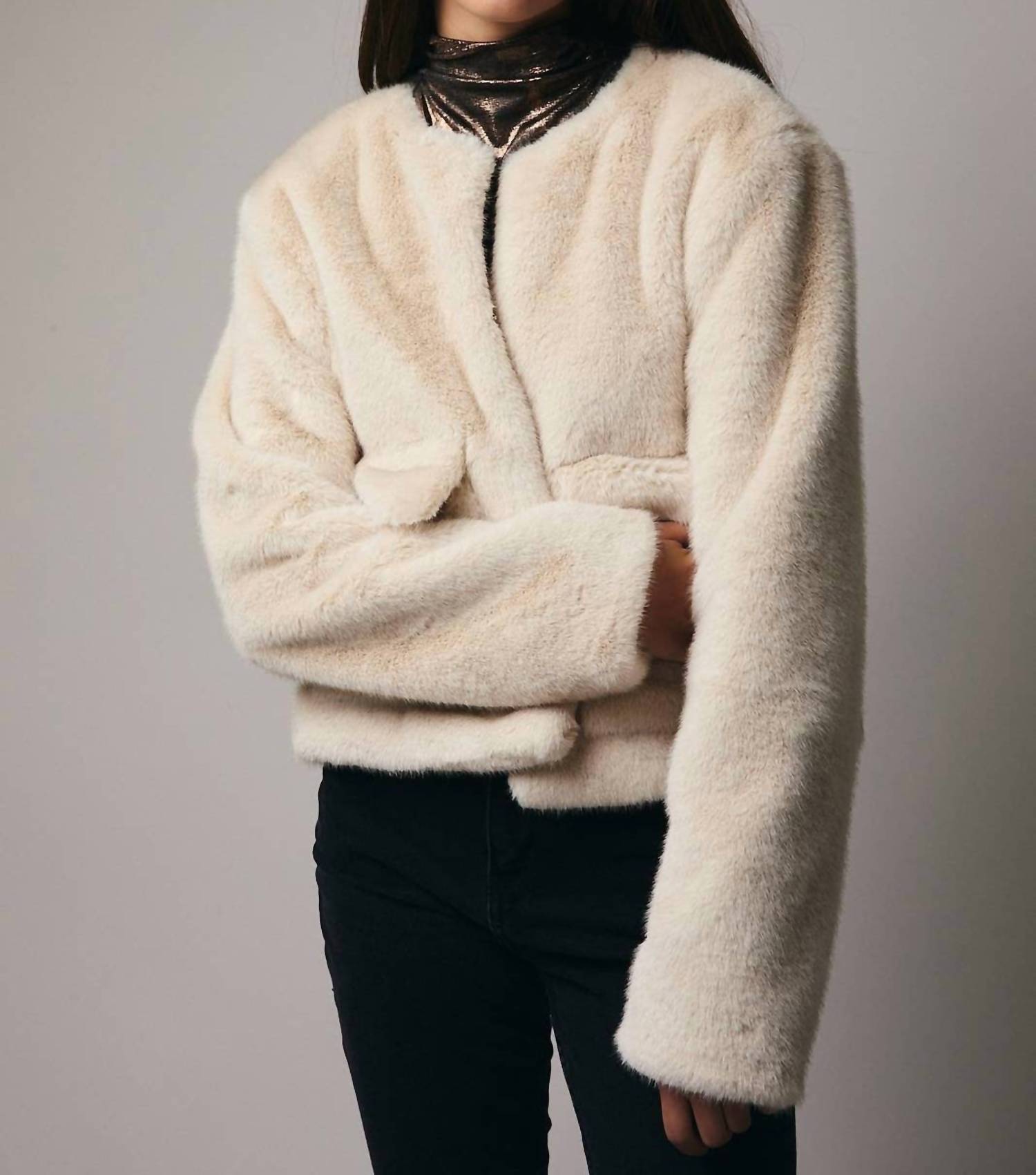 Sunday Edition Cropped Long Sleeve Fur Coat in beige - women's jacket - view 5
