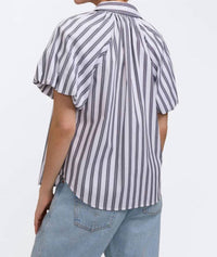 Foxcroft Paula Striped Puff Sleeve Shirt in blue stripes - women's blouse - alternate view