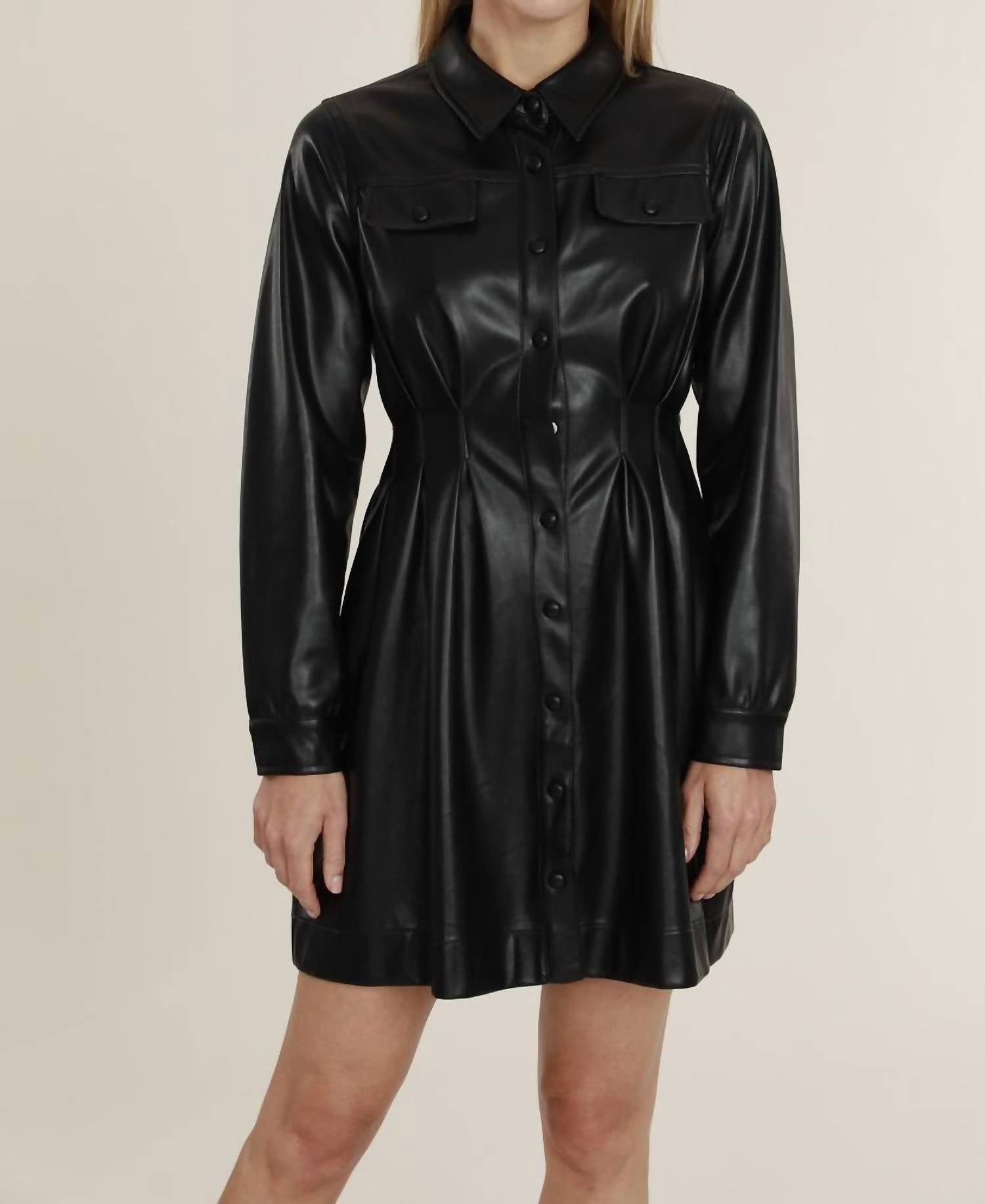 Dolce Cabo - Vegan Leather Puff Shoulder Belted Dress