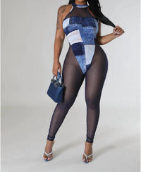Maypink - Everything & More Mesh Stretchy Sleeveless Color Block Denim Print Jumpsuit