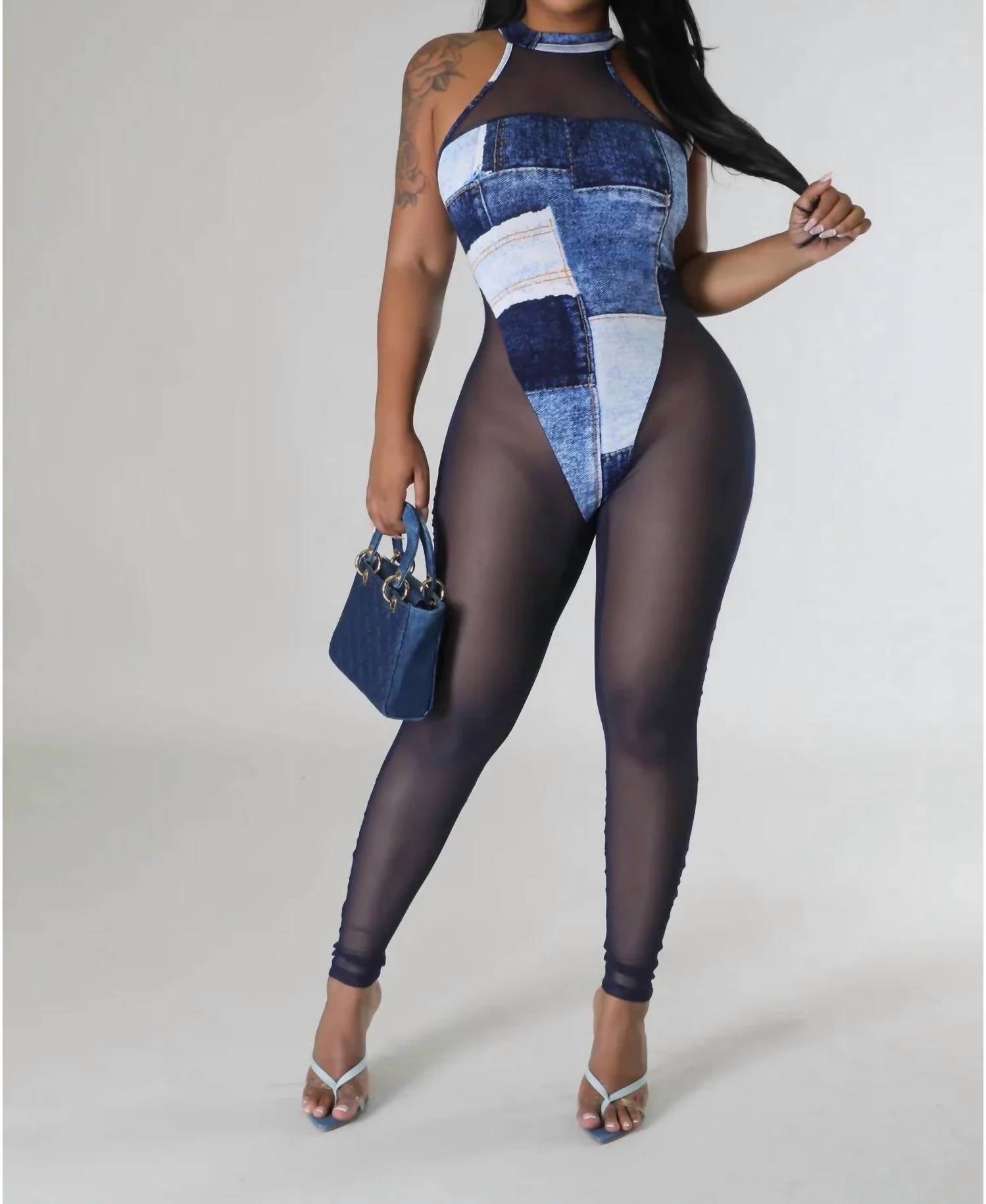 Maypink - Everything & More Mesh Stretchy Sleeveless Color Block Denim Print Jumpsuit