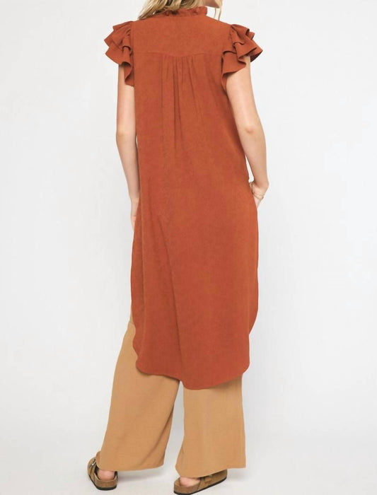 Entro - Long Ruffle Sleeve Tunic With Side Slits