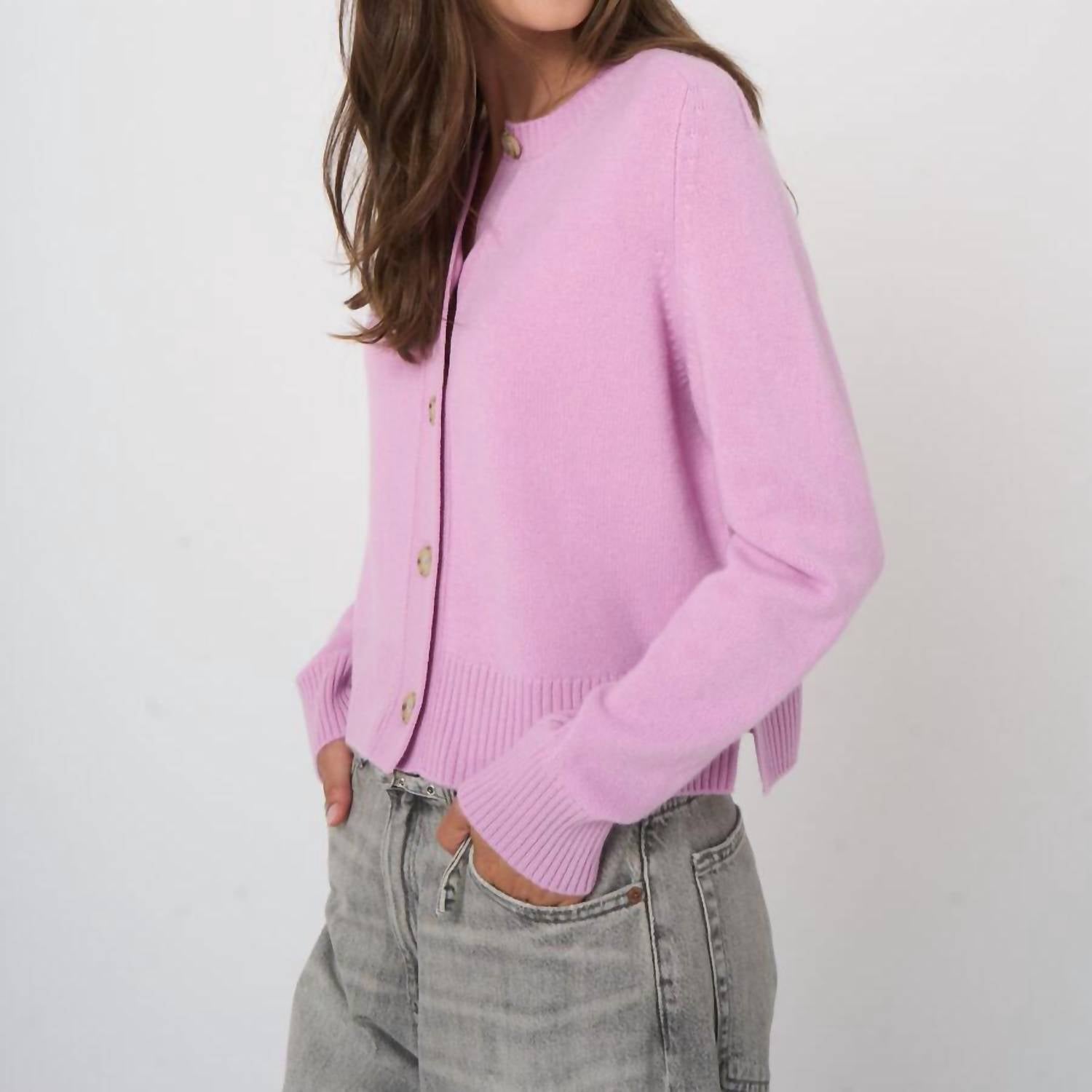 REPEAT cashmere Cashmere Boxy Cardigan with Rib Trim in glow - women's cardigan - detail view