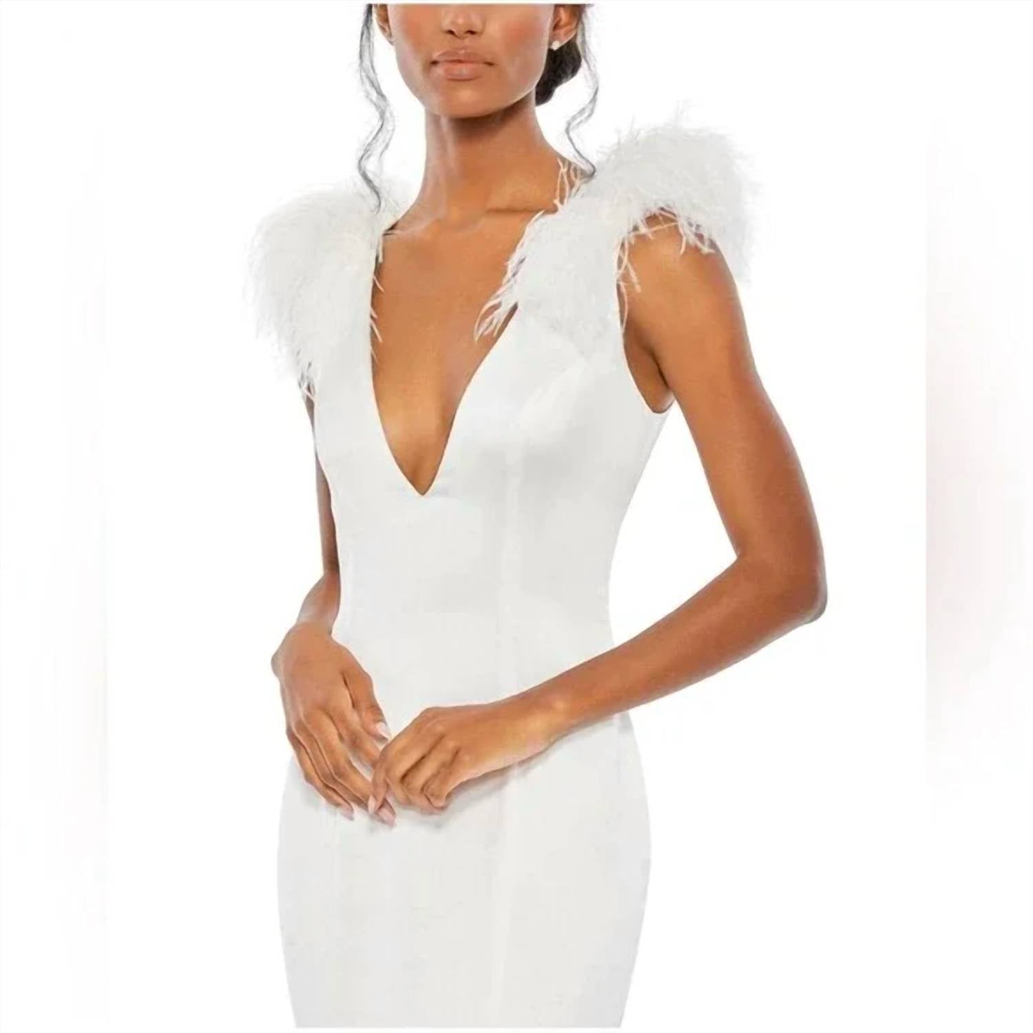 Mac Duggal - Satin Feather Shoulder V-neck Gown