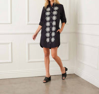 Karen Kane - Petite Size Roll Tab Embroidered Mini Shirtdress