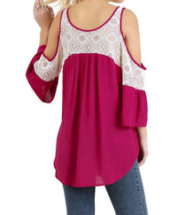 umgee Cold Shoulder Top With Lace Details in berry - women's blouse - alternate view