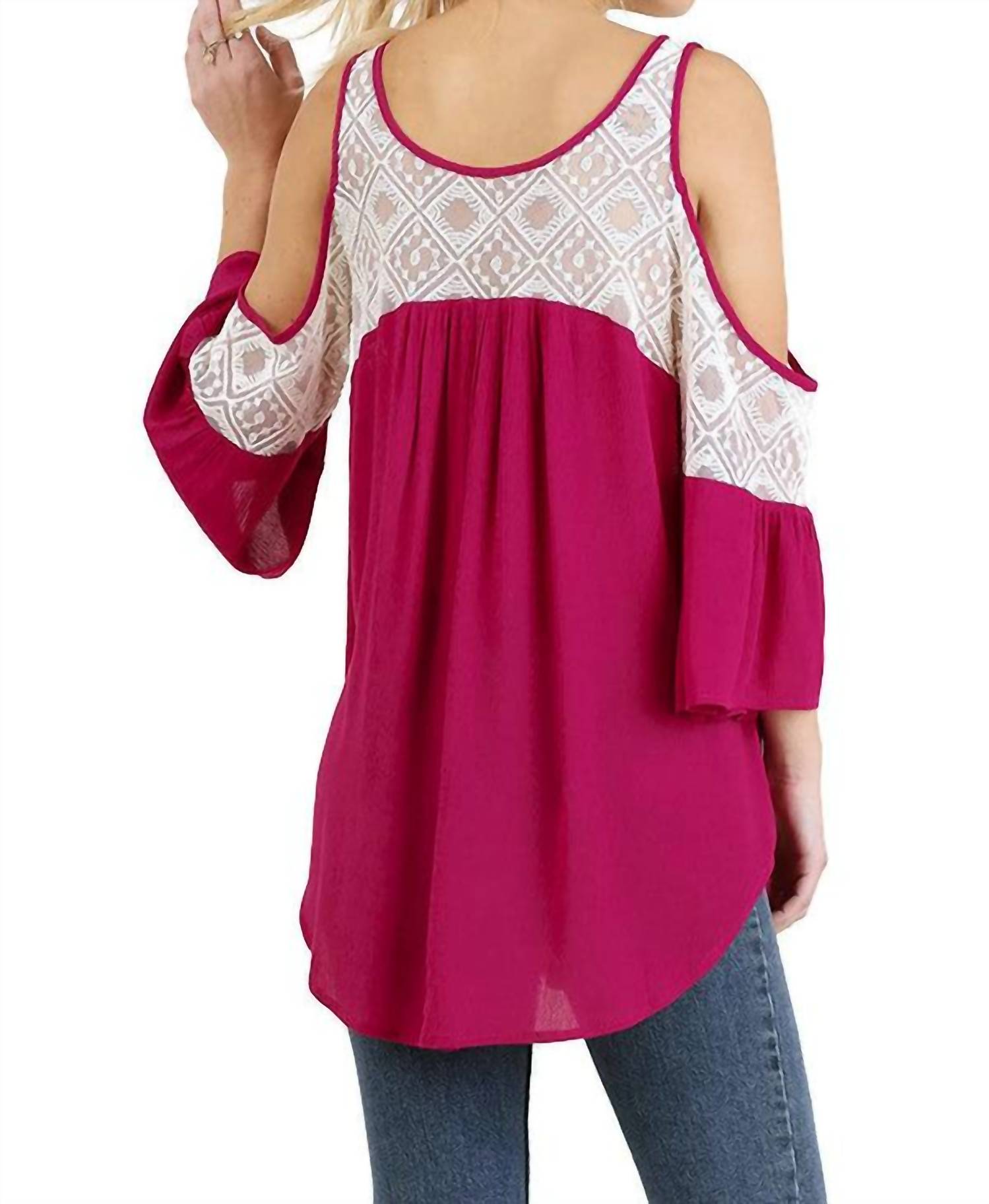 umgee Cold Shoulder Top With Lace Details in berry - women's blouse - alternate view