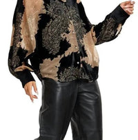 Ciebon - Printed Velvet Burnout Batwing Button Down Top