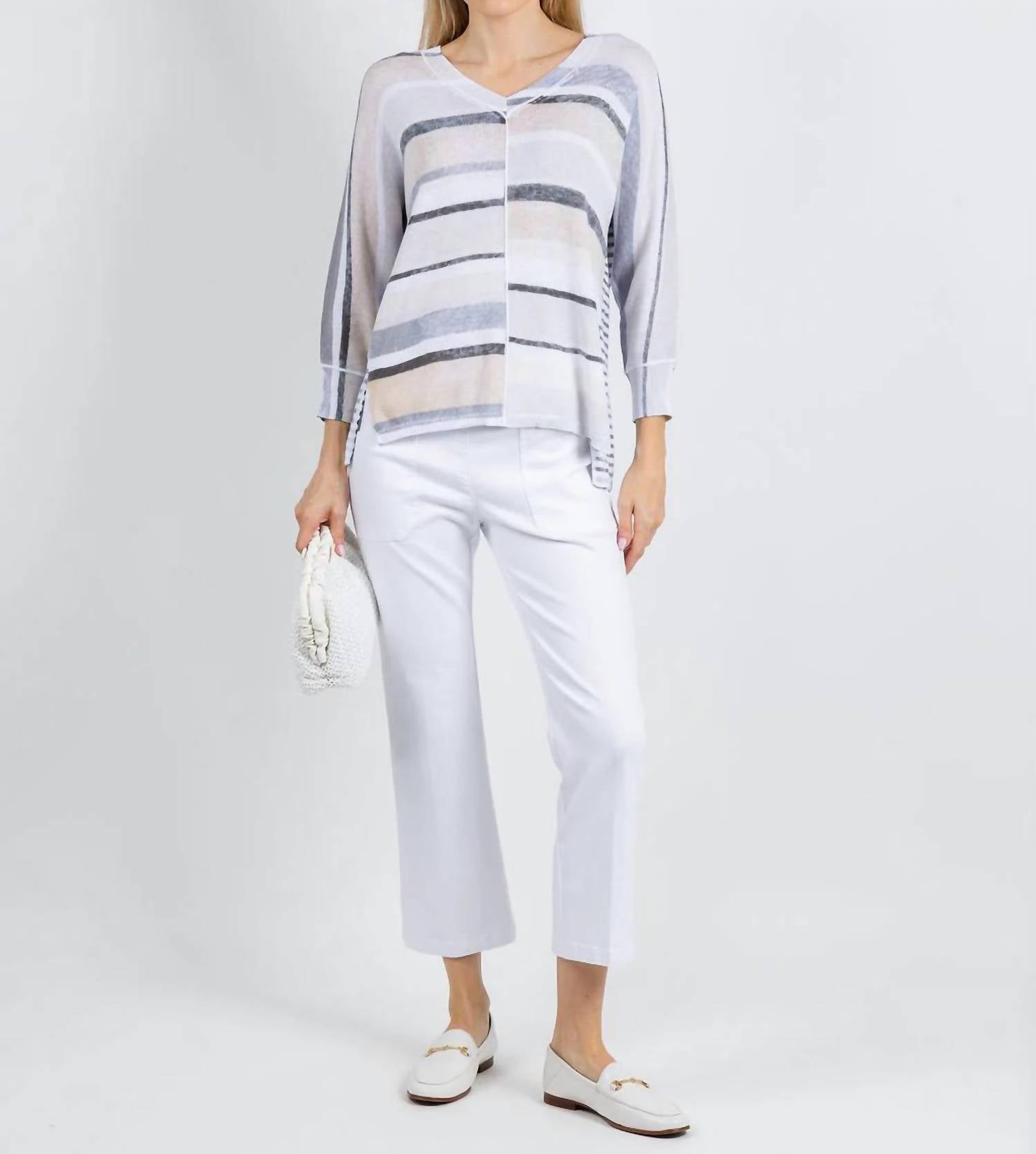 Elliott Lauren - Blocked Off Printed Stripe V-neck Top