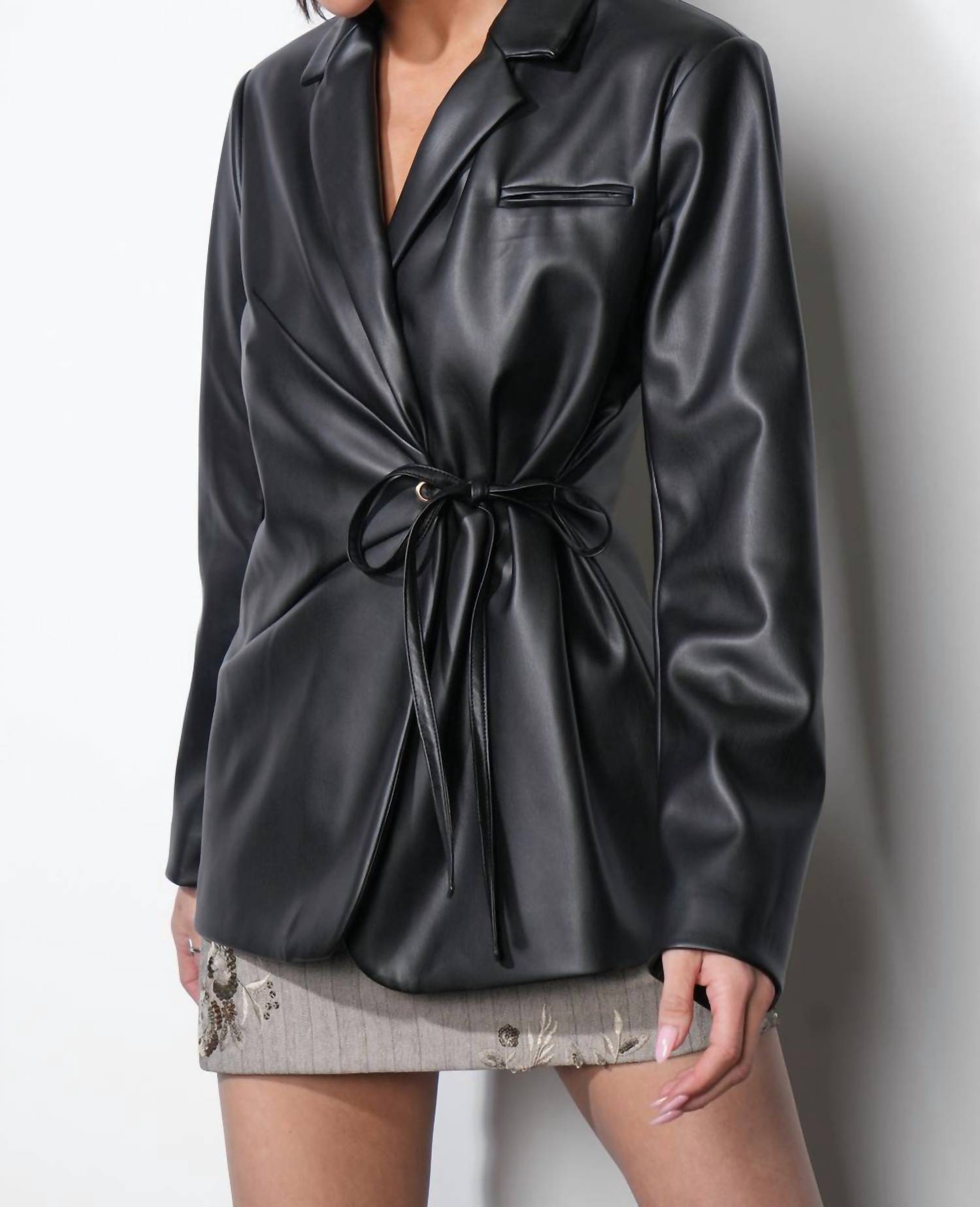 GREYLIN Ava Tie Front Faux Leather Blazer in black - women's jacket - alternate view