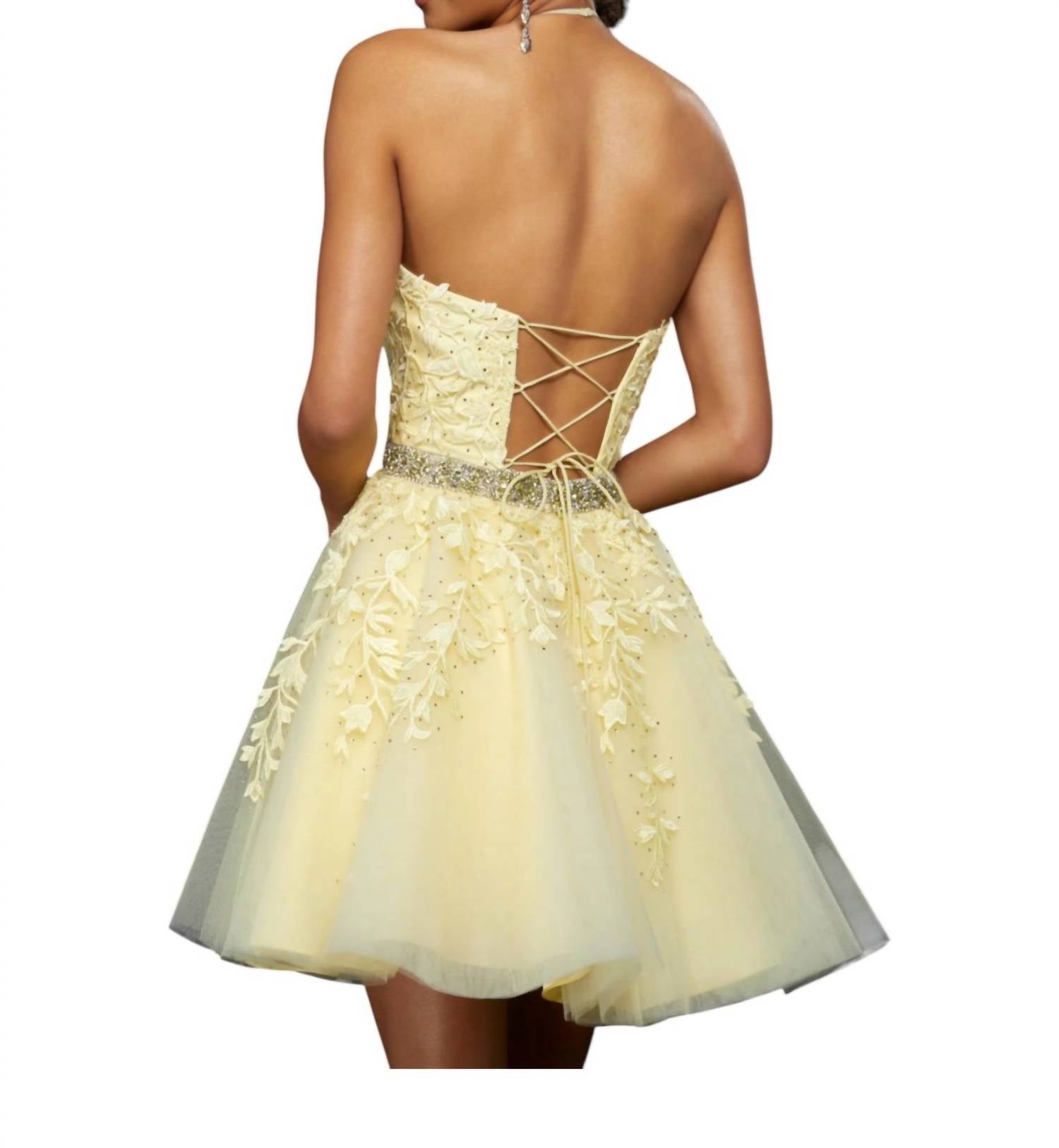 Sherri Hill Beaded Waist Cocktail Dress in yellow - women's dress - detail view