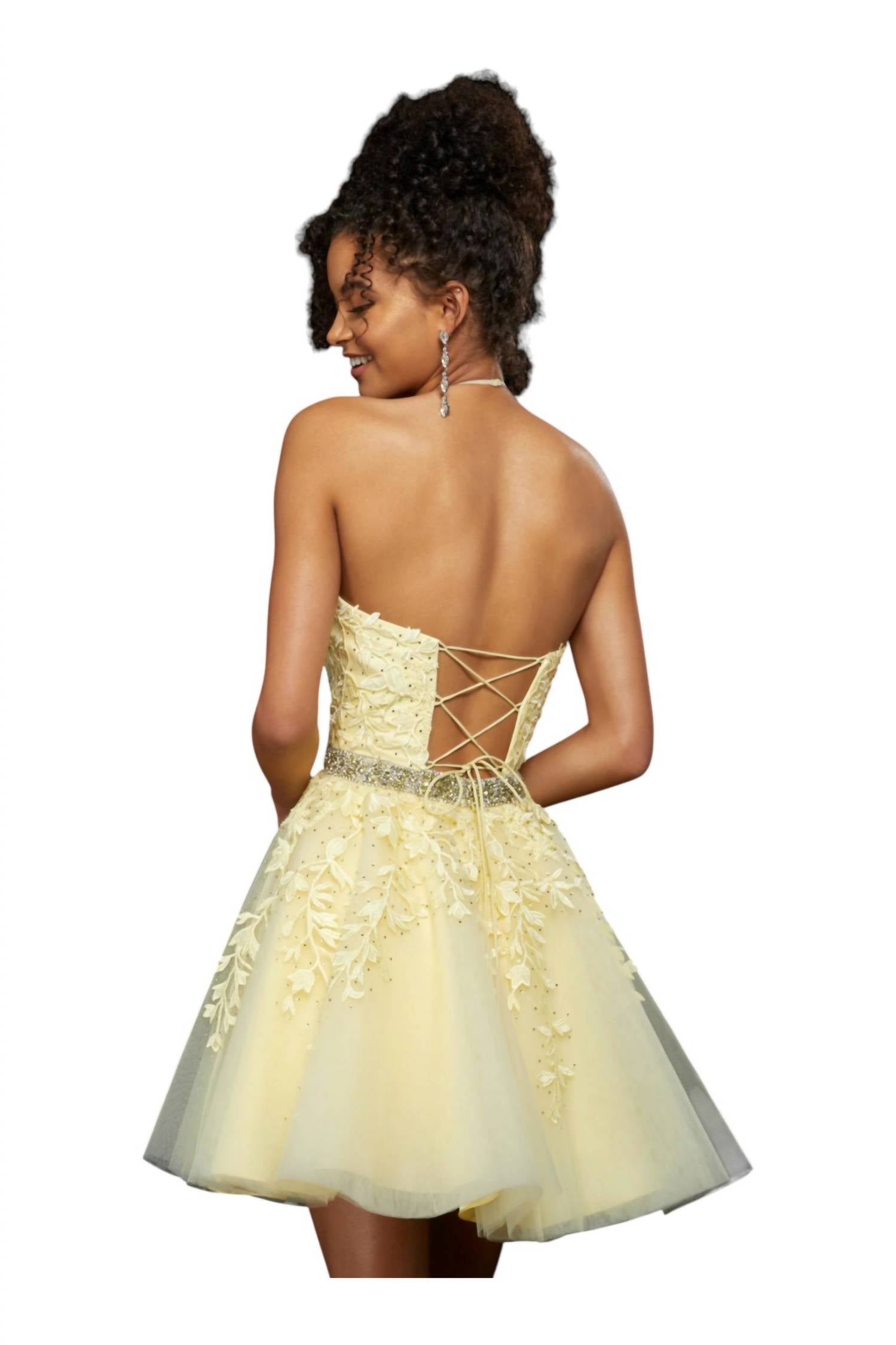 Sherri Hill Beaded Waist Cocktail Dress in yellow - women's dress - alternate view
