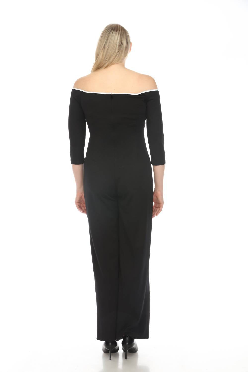 Joseph Ribkoff - Contrast Trim Off-shoulder Wide Leg Jumpsuit