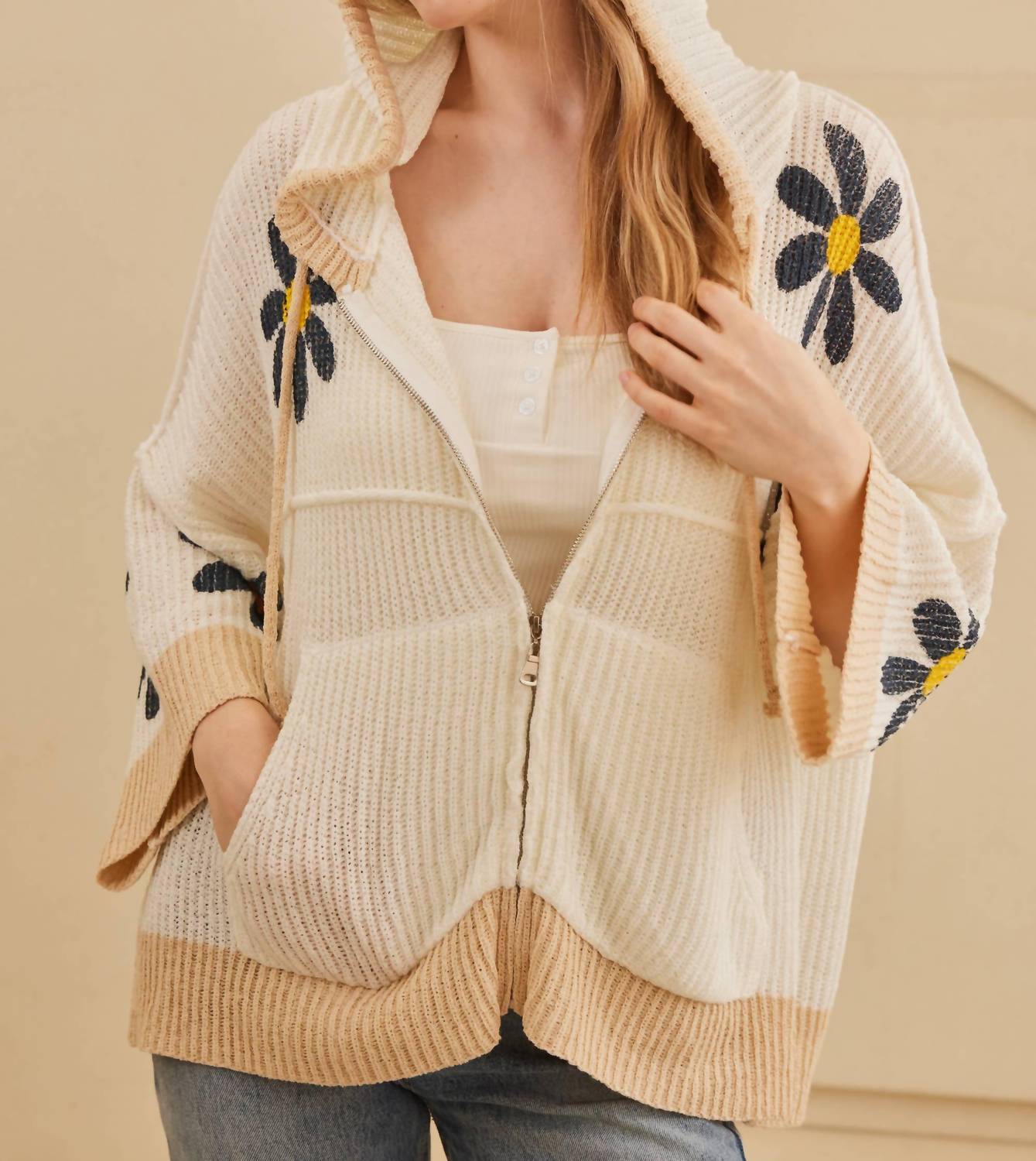 Mello - Hooded Floral Crochet Quarter Sleeve Top