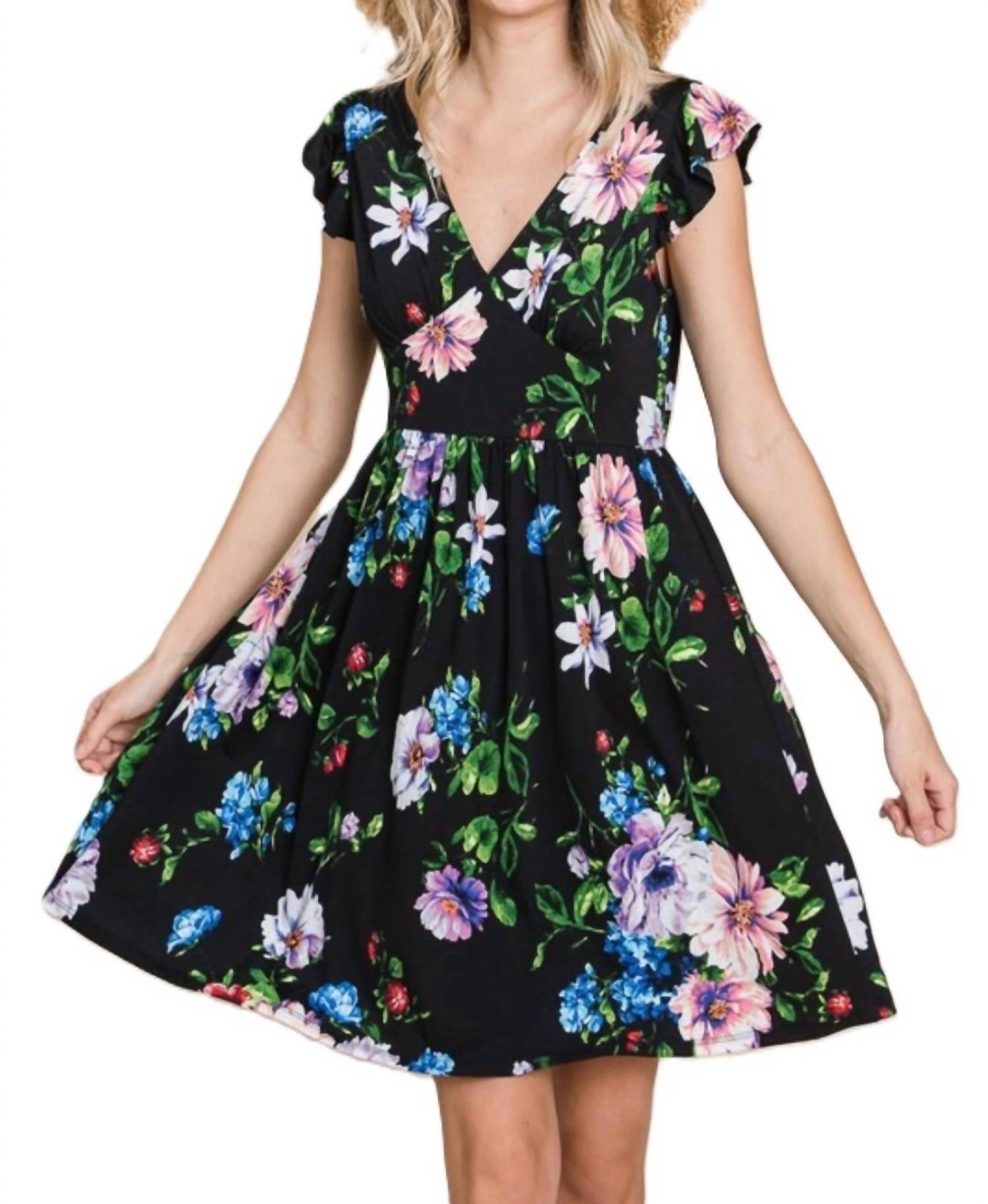 Emerald Collection - Floral Bulgari Deep V Neckline Swing Dress