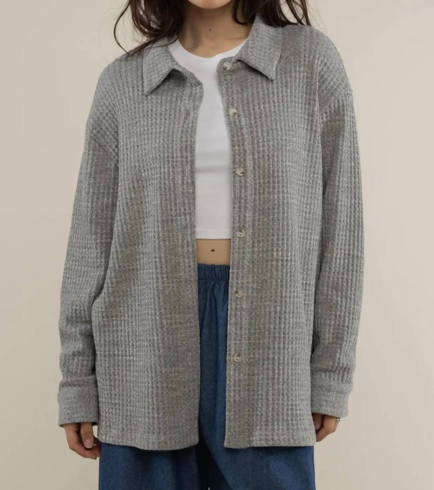 nlt Shore Deadstock Waffle Button Down Shirt in heather grey - women's shirt