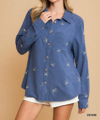 Umgee - Linen Blend Embroidered Bow Button-Down Shirt