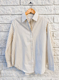 APIECE APART Sodi Wrap Button Up in pina stripes cream navy - women's blouse - detail view