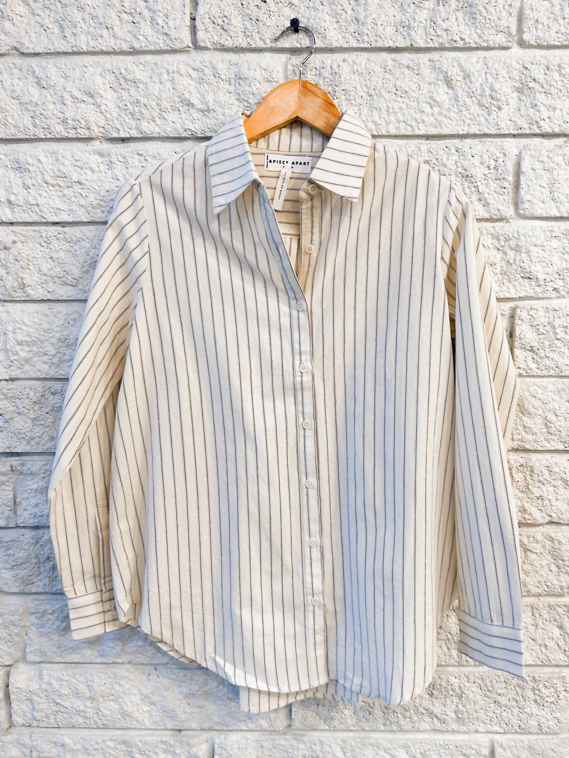 APIECE APART Sodi Wrap Button Up in pina stripes cream navy - women's blouse - detail view