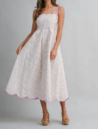 Mable - Floral Print Scallop Hem Contrast Self Tie Strap Midi Dress