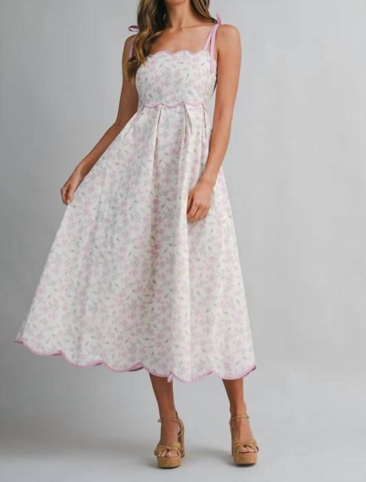Mable - Floral Print Scallop Hem Contrast Self Tie Strap Midi Dress