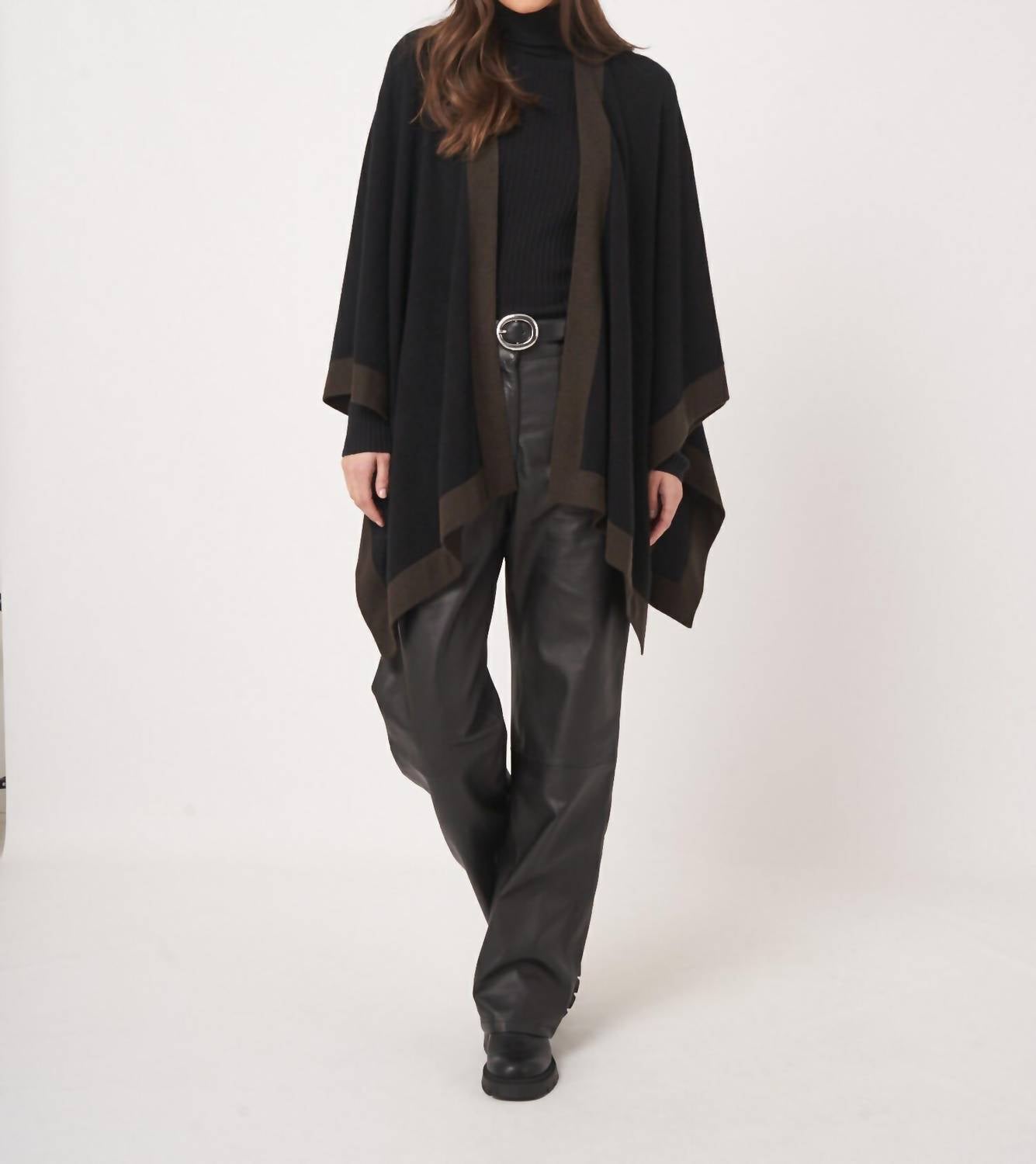 REPEAT cashmere Cashmere Blend Poncho With Contrast Border in black brown - women's sweater