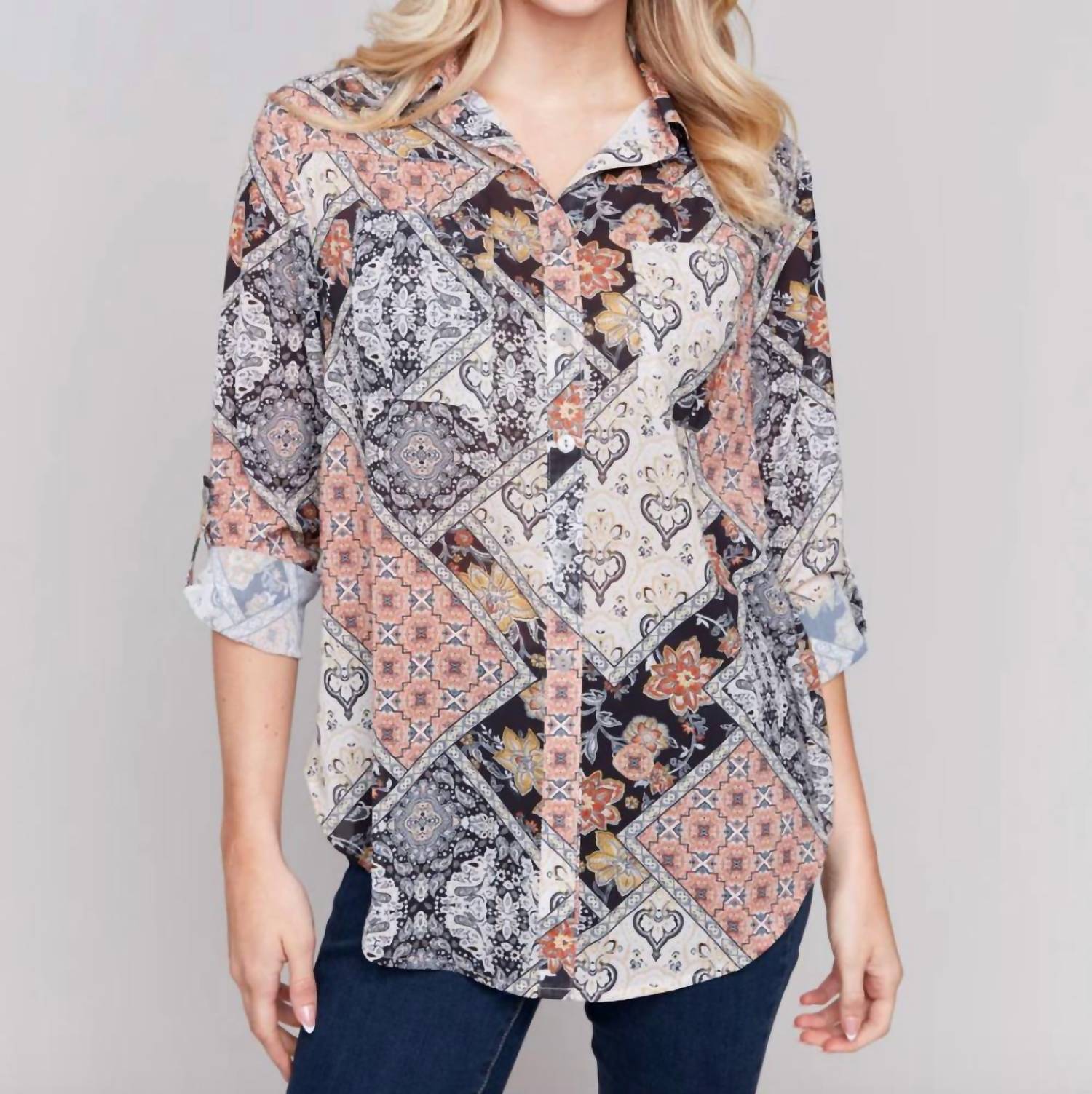 Charlie B - Paisley Button Three Quarter Sleeve Blouse