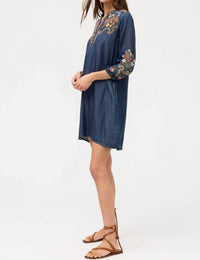 Johnny Was Ruffle Field Durago Dress in denim blue - women's dress - detail view