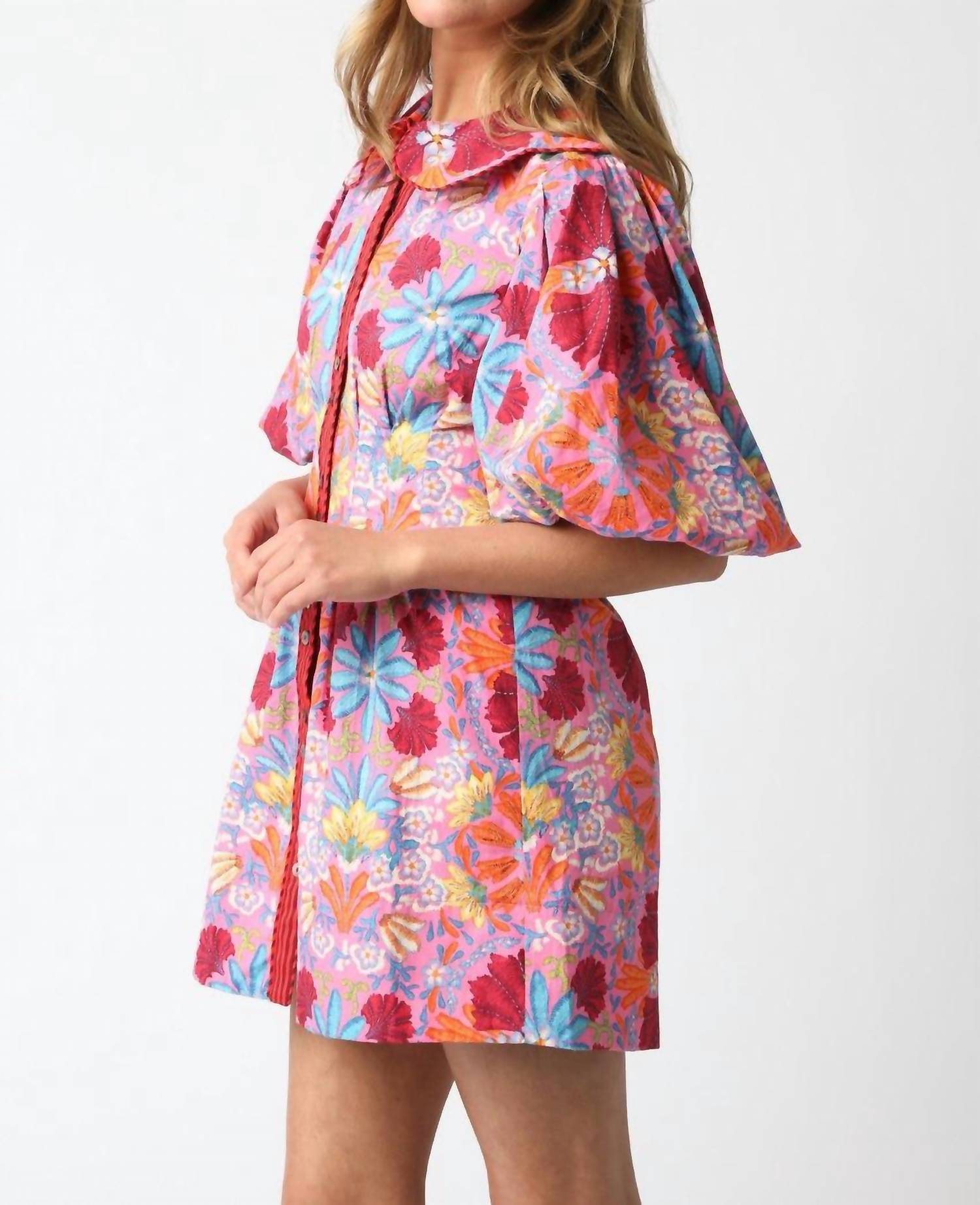 Olivaceous - Groovy Floral Puff Sleeve Mini Dress
