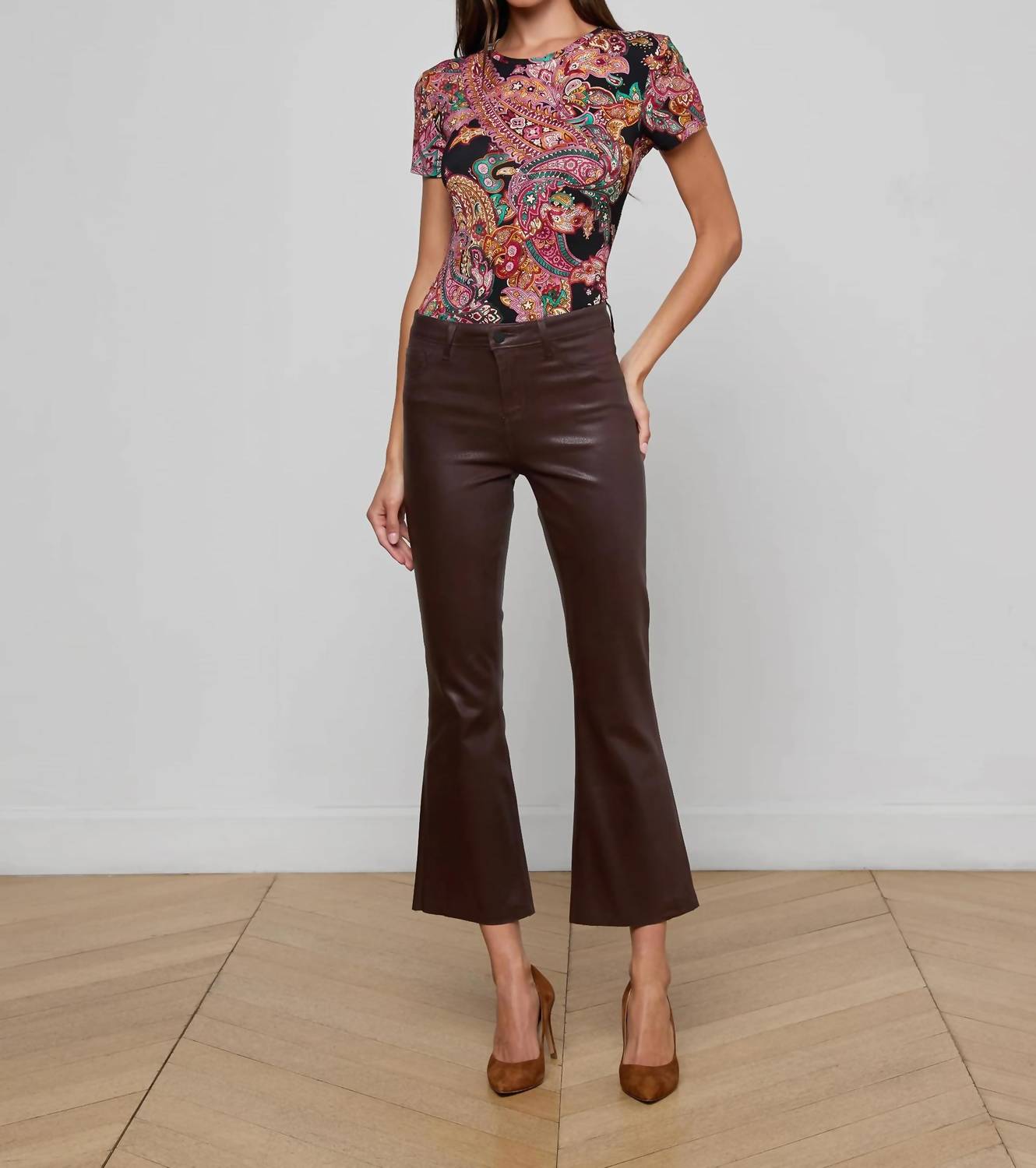 L'Agence Kendra Cropped Flare Pant in chocolate coated - women's pants