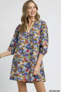 Umgee - Floral V-neck Balloon Sleeve Dress