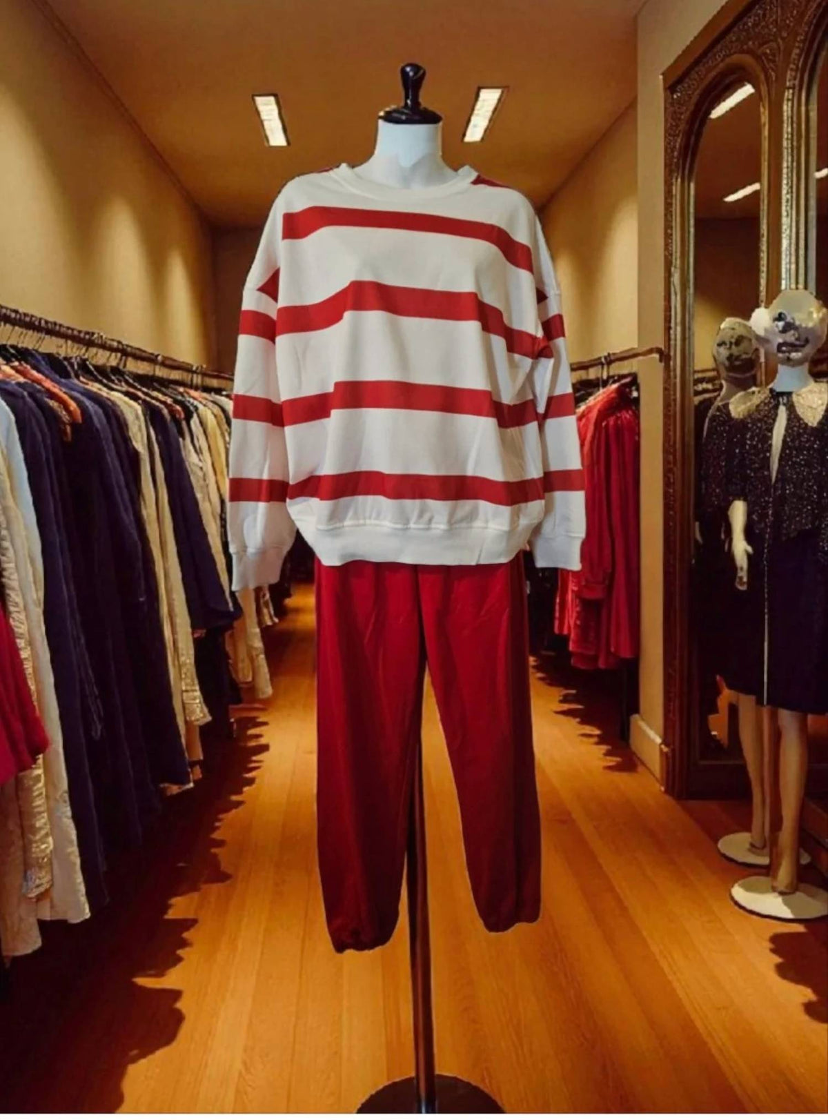 Dear Lover - Women's Striped Drop Shoulder Pullover And Jogger Pants Set
