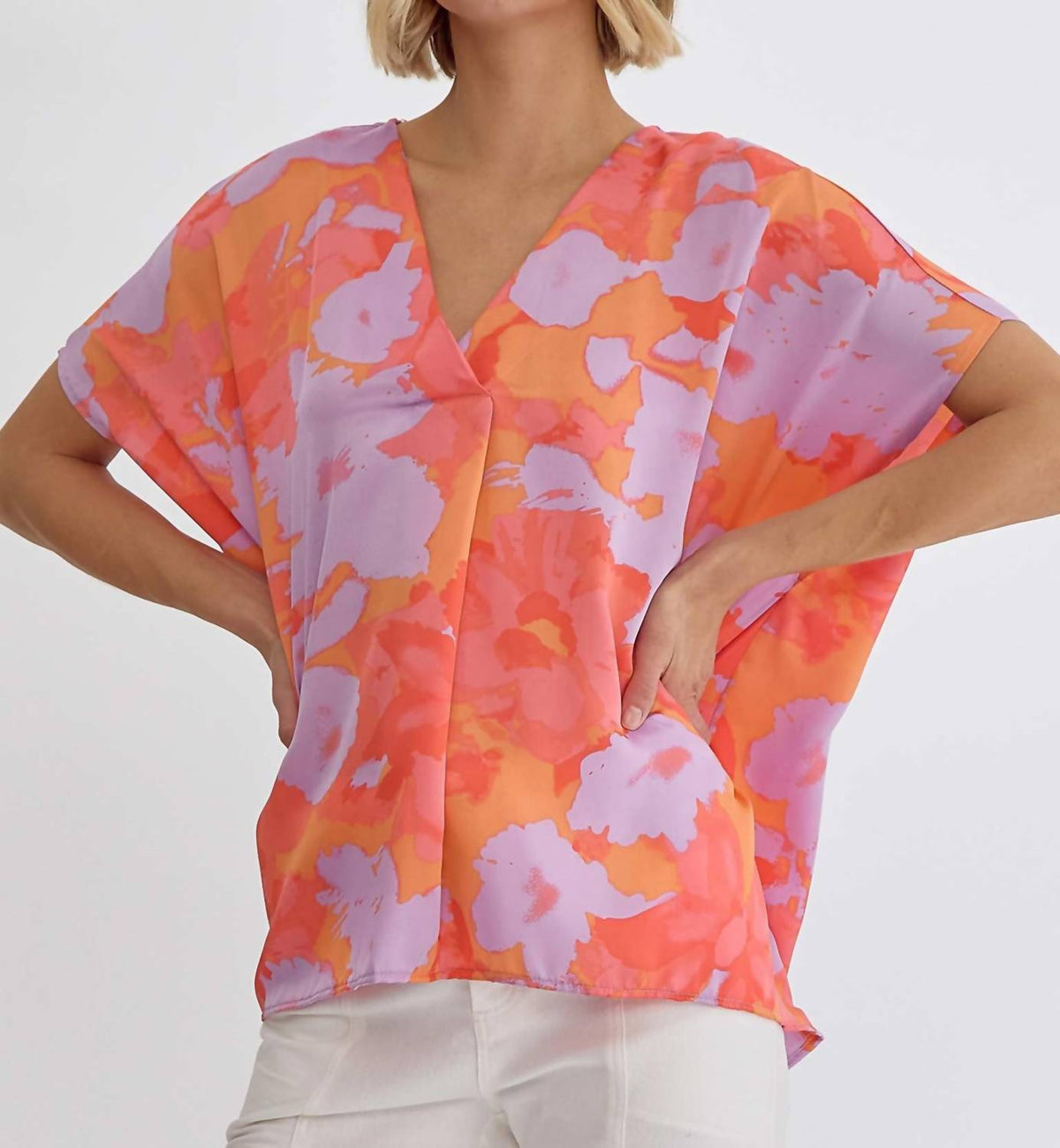 Entro - V-neck Kimono-style Sleeve Blouse