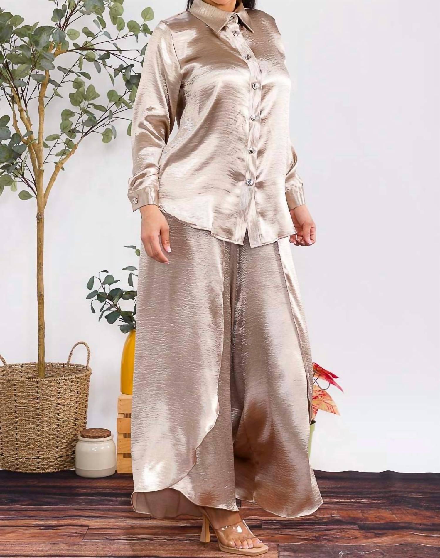 Karen T Design - Button Down Shirt And Open Pants Set