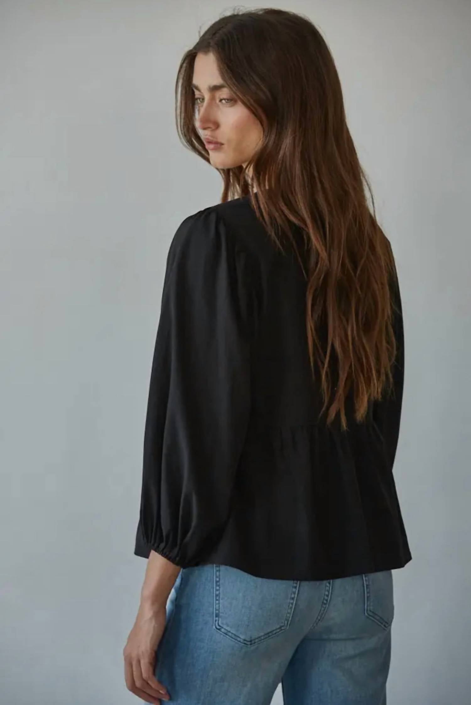By Together Open Front Ribbon Tied Blouse in black - women's blouse - alternate view